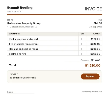 Groutline invoice template, filled in for a roofer