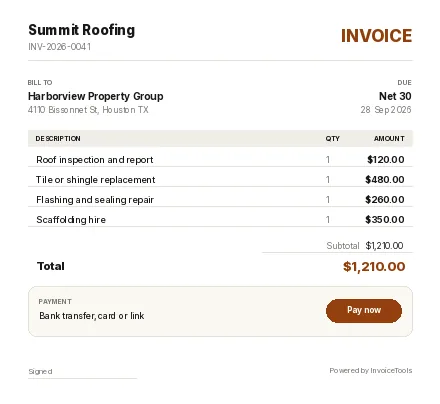 Tide invoice template, filled in for a roofer