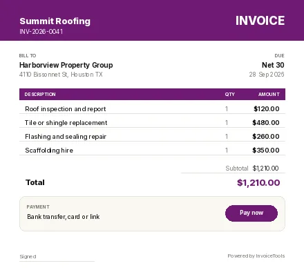 Tumbler & Pin invoice template, filled in for a roofer