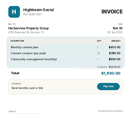Showcoat invoice template, filled in for a social media manager