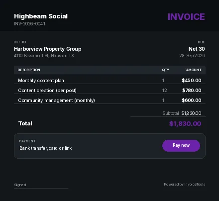 Console invoice template, filled in for a social media manager
