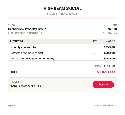 Waypoints invoice template, filled in for a social media manager