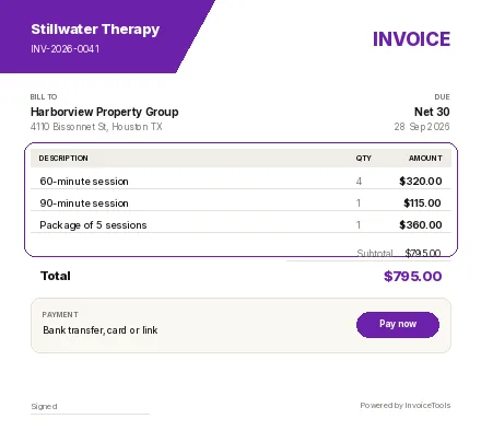Bolt invoice template, filled in for a therapist or massage