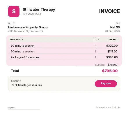 Soft Wave invoice template, filled in for a therapist or massage