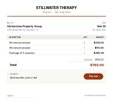 Stillwater invoice template, filled in for a therapist or massage