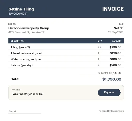 Airflow invoice template, filled in for a tiler