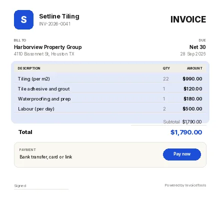 Rootline invoice template, filled in for a tiler