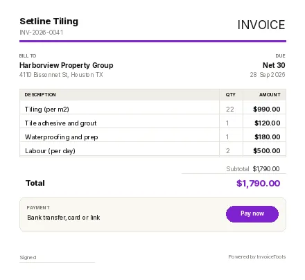 Slab Craft invoice template, filled in for a tiler