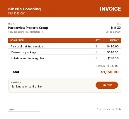 Fair Value invoice template, filled in for a personal trainer