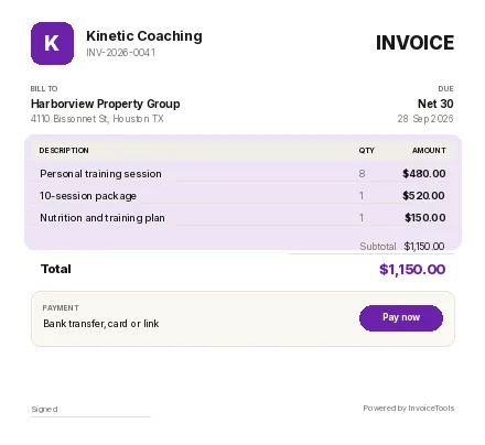 Formset invoice template, filled in for a personal trainer