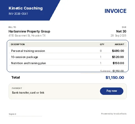 Soft Cards invoice template, filled in for a personal trainer