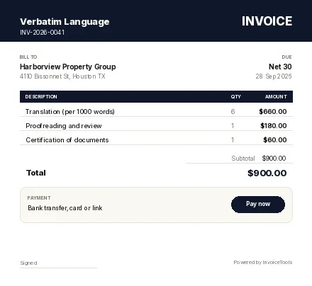 Leaseline invoice template, filled in for a translator