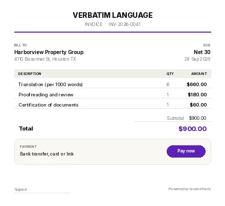 Parallel invoice template, filled in for a translator