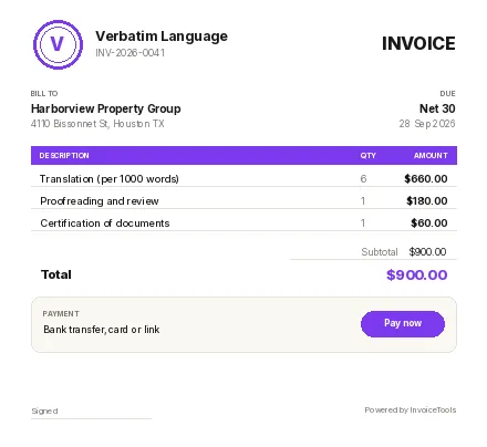Seal & Sign invoice template, filled in for a translator