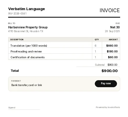 Typewriter invoice template, filled in for a translator
