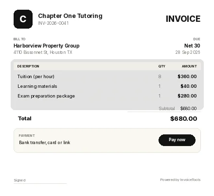 Drydock invoice template, filled in for a tutor or teacher