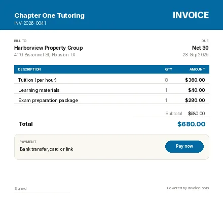 Flashcard invoice template, filled in for a tutor or teacher