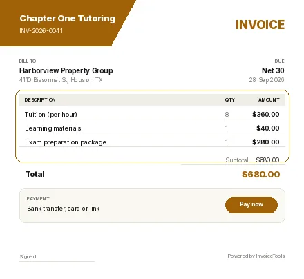 Impression invoice template, filled in for a tutor or teacher