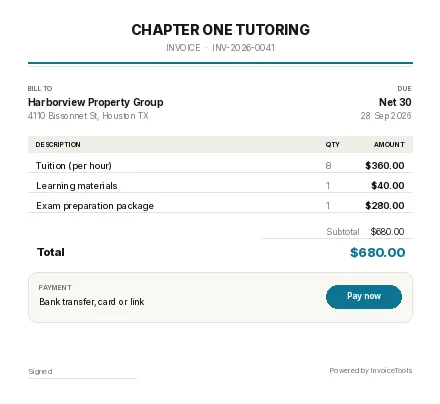Sealbox invoice template, filled in for a tutor or teacher
