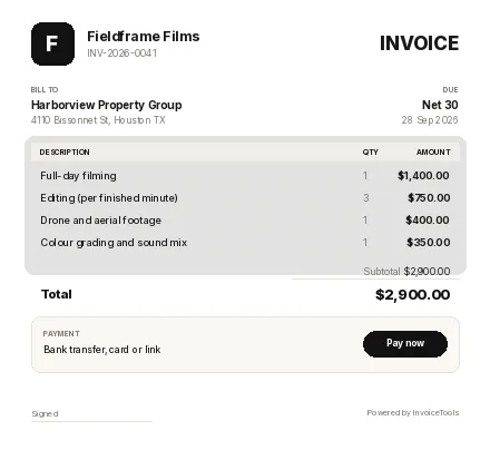 Drydock invoice template, filled in for a videographer