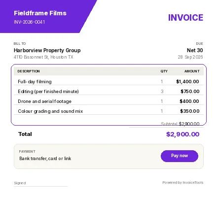 Float Card invoice template, filled in for a videographer