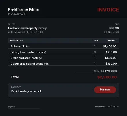Glasswork invoice template, filled in for a videographer