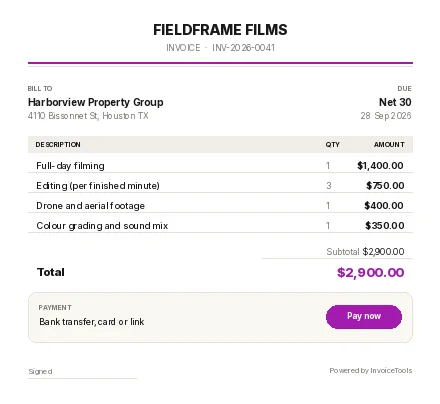 Lockbox invoice template, filled in for a videographer
