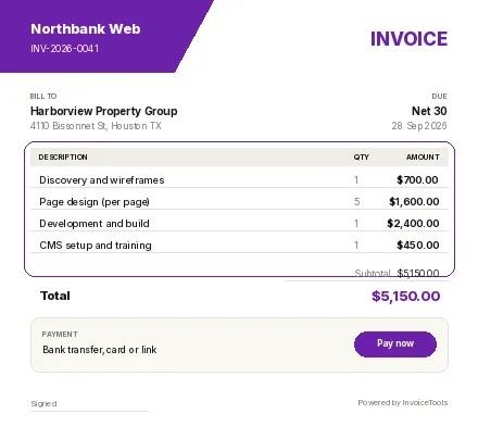 Bolt invoice template, filled in for a web designer or developer