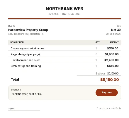 Stillwater invoice template, filled in for a web designer or developer