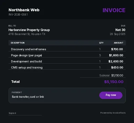 Console invoice template, filled in for a web designer or developer