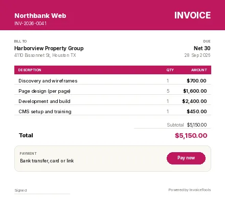 Viewport invoice template, filled in for a web designer or developer