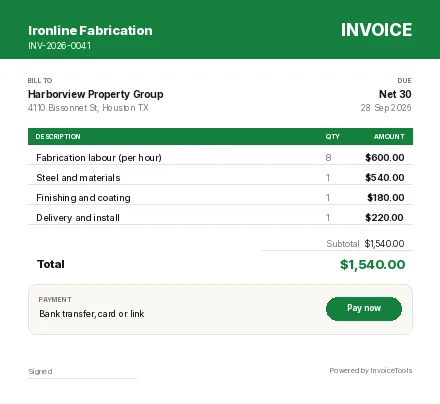 Drainfield invoice template, filled in for a welder or fabricator