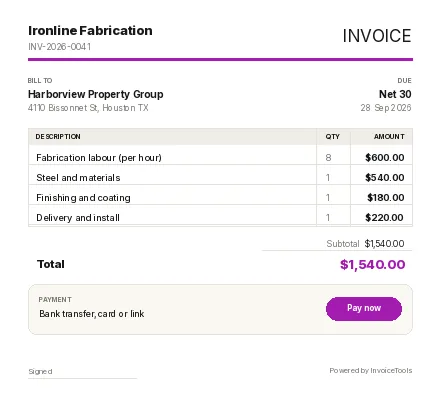 Low Poly invoice template, filled in for a welder or fabricator