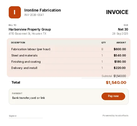 Pastel Badge invoice template, filled in for a welder or fabricator