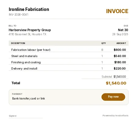 Swiss Neon invoice template, filled in for a welder or fabricator