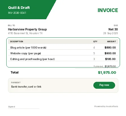 Pill Block invoice template, filled in for a writer or copywriter