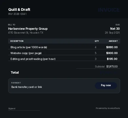 Right Rail invoice template, filled in for a writer or copywriter