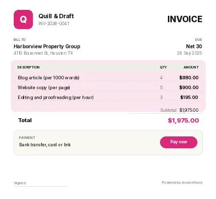 Soft Wave invoice template, filled in for a writer or copywriter
