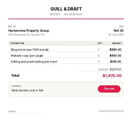 The Brief invoice template, filled in for a writer or copywriter