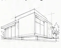 Pencil sketch of a modern single storey house from the corner