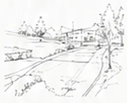 Pencil sketch of the site, its road and neighboring buildings