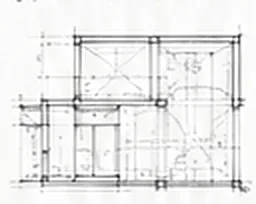 Pencil sketch of a construction drawing with grid lines and sections