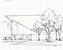 Pencil sketch of a revised roof canopy over the entrance