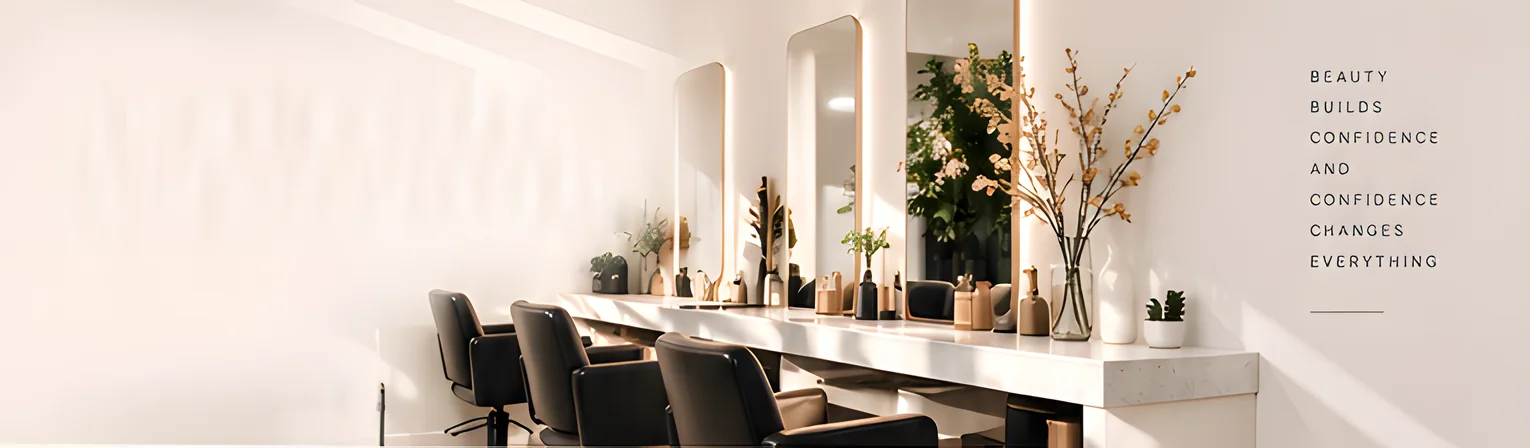 A bright salon with black styling chairs in front of a long counter and tall lit mirrors