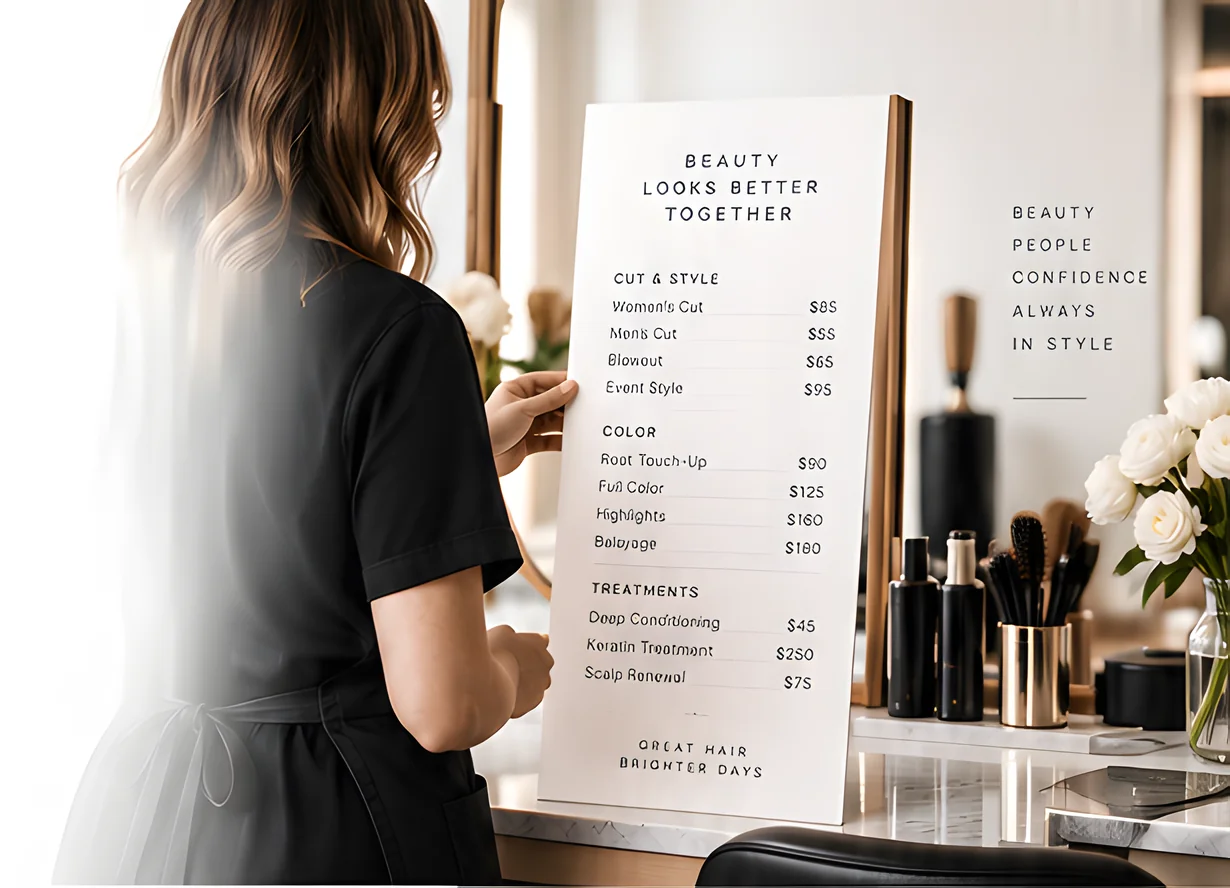 A stylist in a black salon apron reads a printed service menu of cut, color and treatment prices at her station