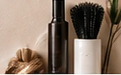 A styling spray, a round brush and a hair tie on a salon shelf