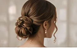 A low bridal bun with loose curls, seen from the side