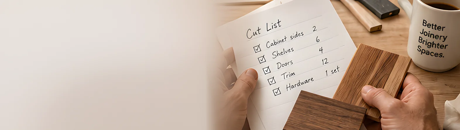 A carpenter checks a handwritten cut list beside timber samples and a coffee mug