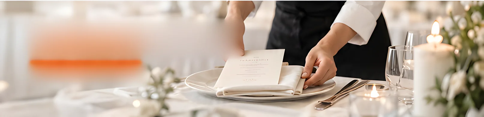 Hands setting a printed menu card on a folded napkin at a candlelit table laid for a dinner