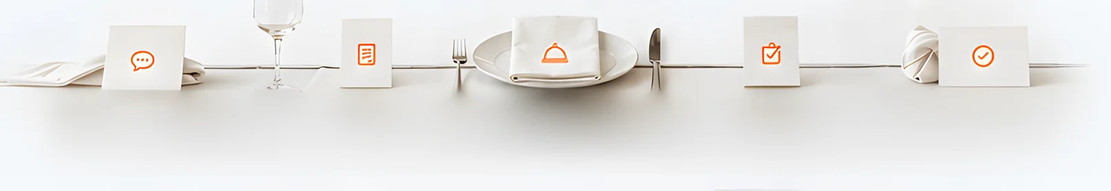 A laid table with a glass, fork, plate, knife and napkins, with five small cards standing along it for proposal, deposit, service, final invoice and receipt